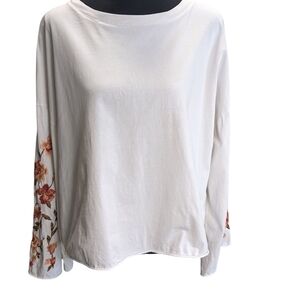 DRIFTWOOD Belle White Blouse with Floral Embroidered Sleeves Fall Colours L Flaw